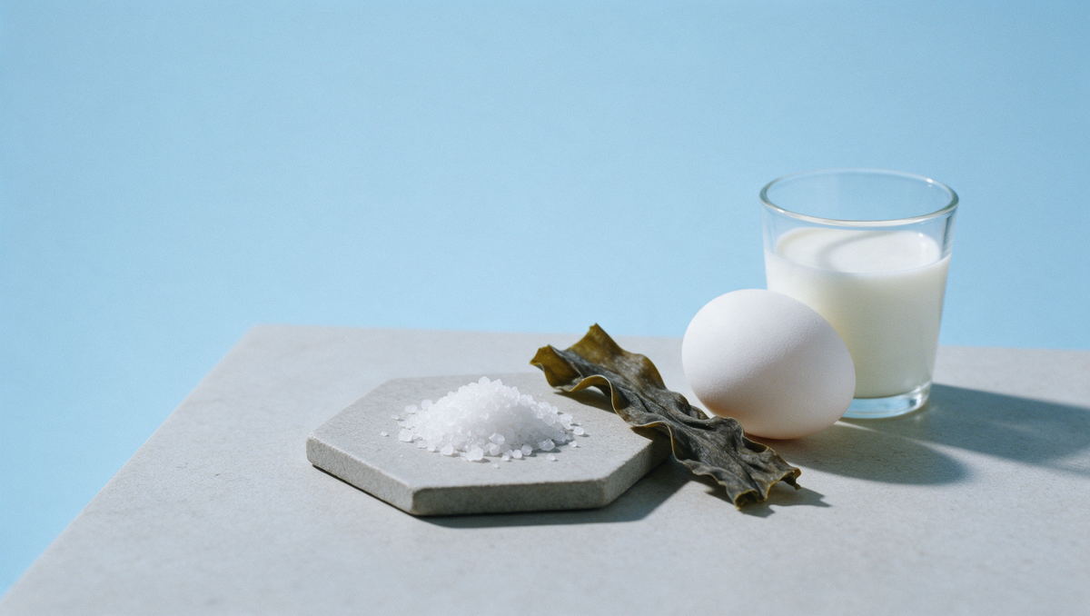 Sel marin, algue brune séchée, œuf et verre de lait sur fond bleu : quelques sources alimentaires d'iode