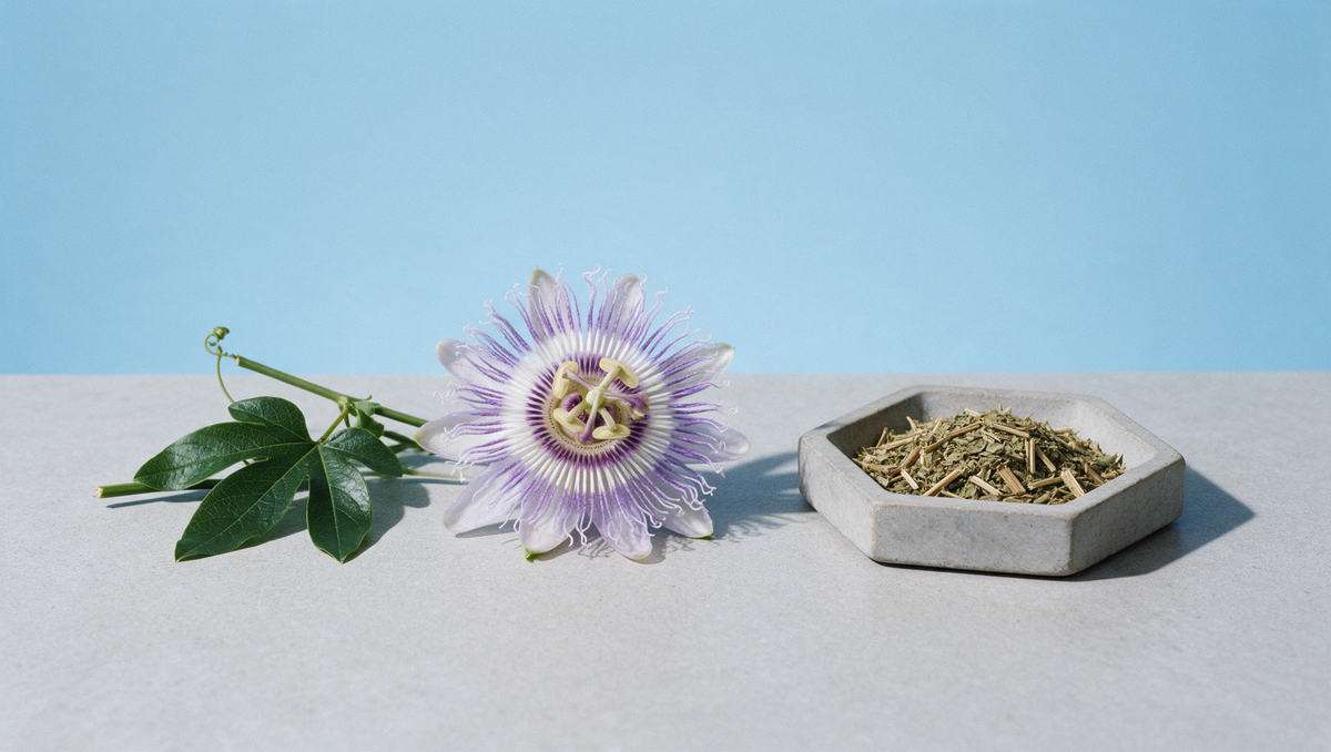 Fleur de passiflore fraîche, tige à vrilles et passiflore séchée dans une coupelle hexagonale