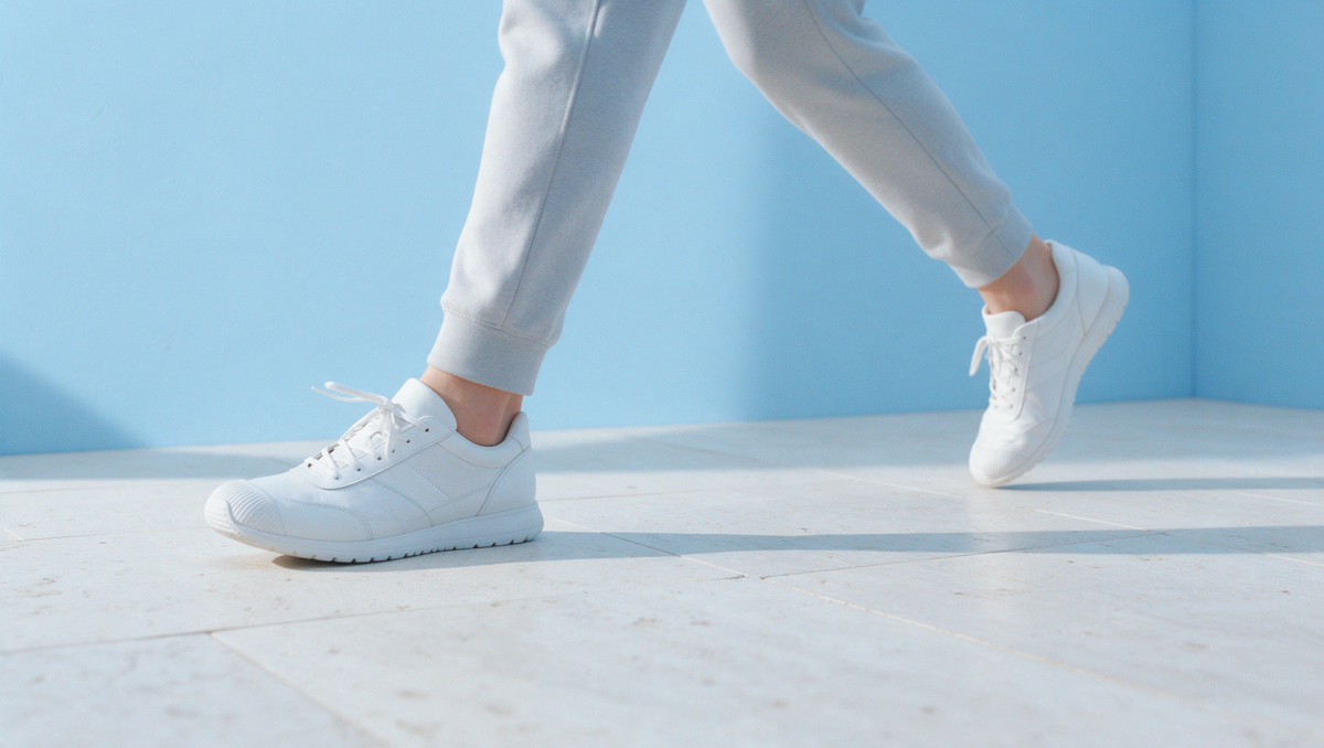 Jambes d'une personne en baskets blanches en pleine foulée devant un mur bleu ciel