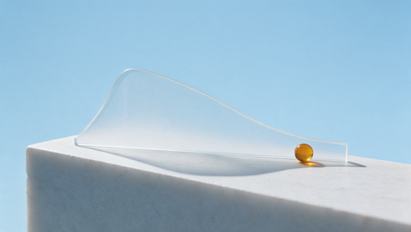 Fine lame de verre dépoli dont le profil monte vite puis redescend lentement, évoquant le rythme quotidien du cortisol, posée sur une pierre claire