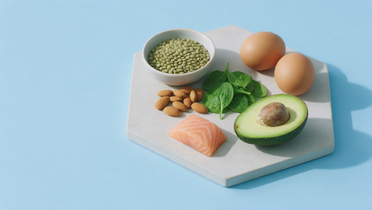 Lentilles, amandes, œufs, épinards, avocat et saumon posés sur un plateau de pierre hexagonal, sur fond bleu ciel