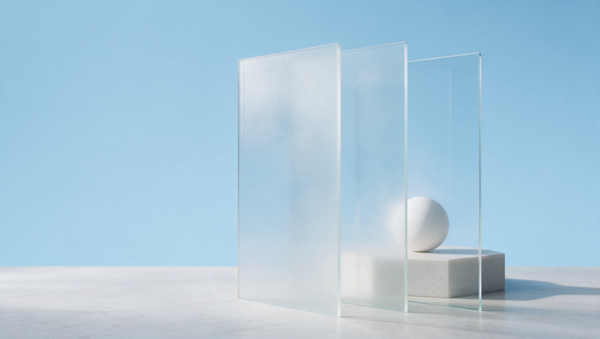 Plaques de verre dépoli qui s'éclaircissent et laissent voir une sphère blanche posée sur un socle de pierre hexagonal