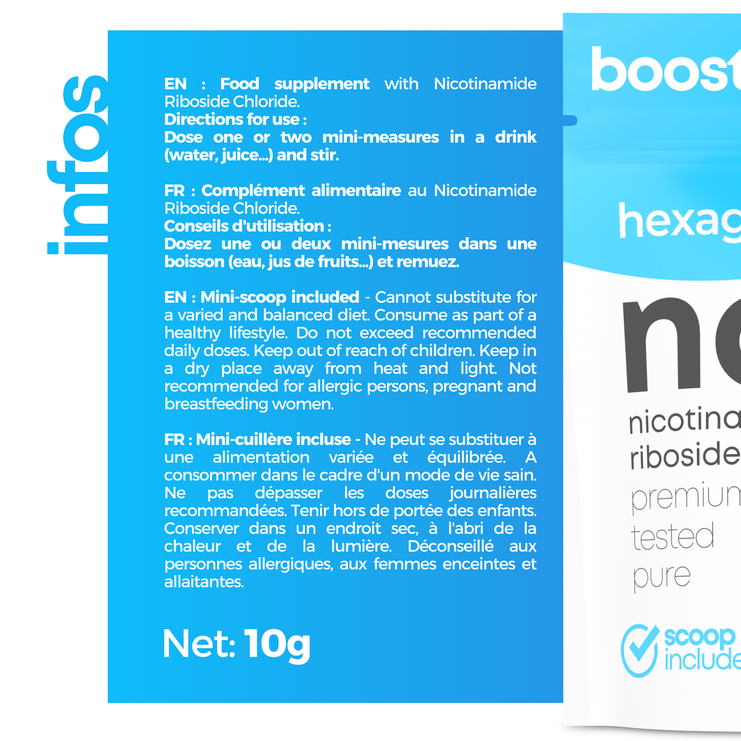 NAD+ Nicotinamide Riboside Chloride - Pure Poudre - Boost Cellulaire - 10g