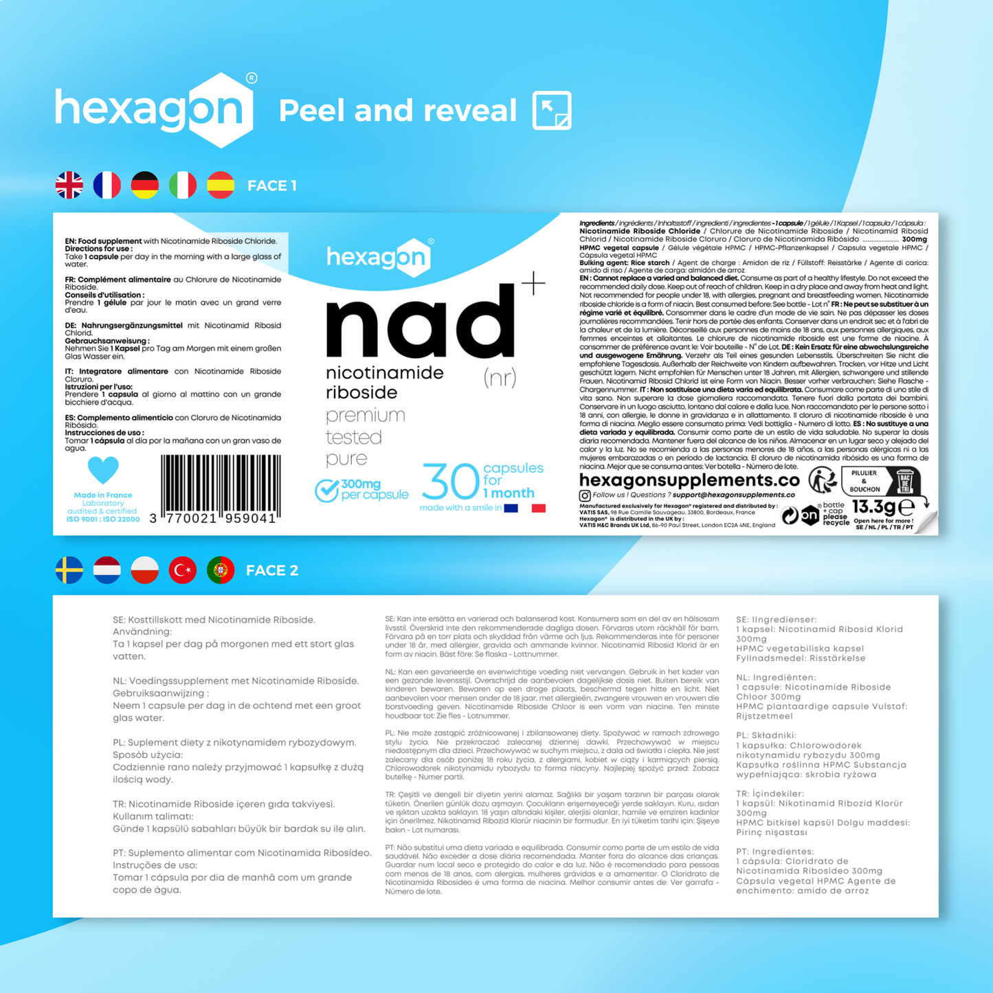 NAD+ Nicotinamide Riboside Chloride 300mg - Boost Cellulaire - 30 Gélules