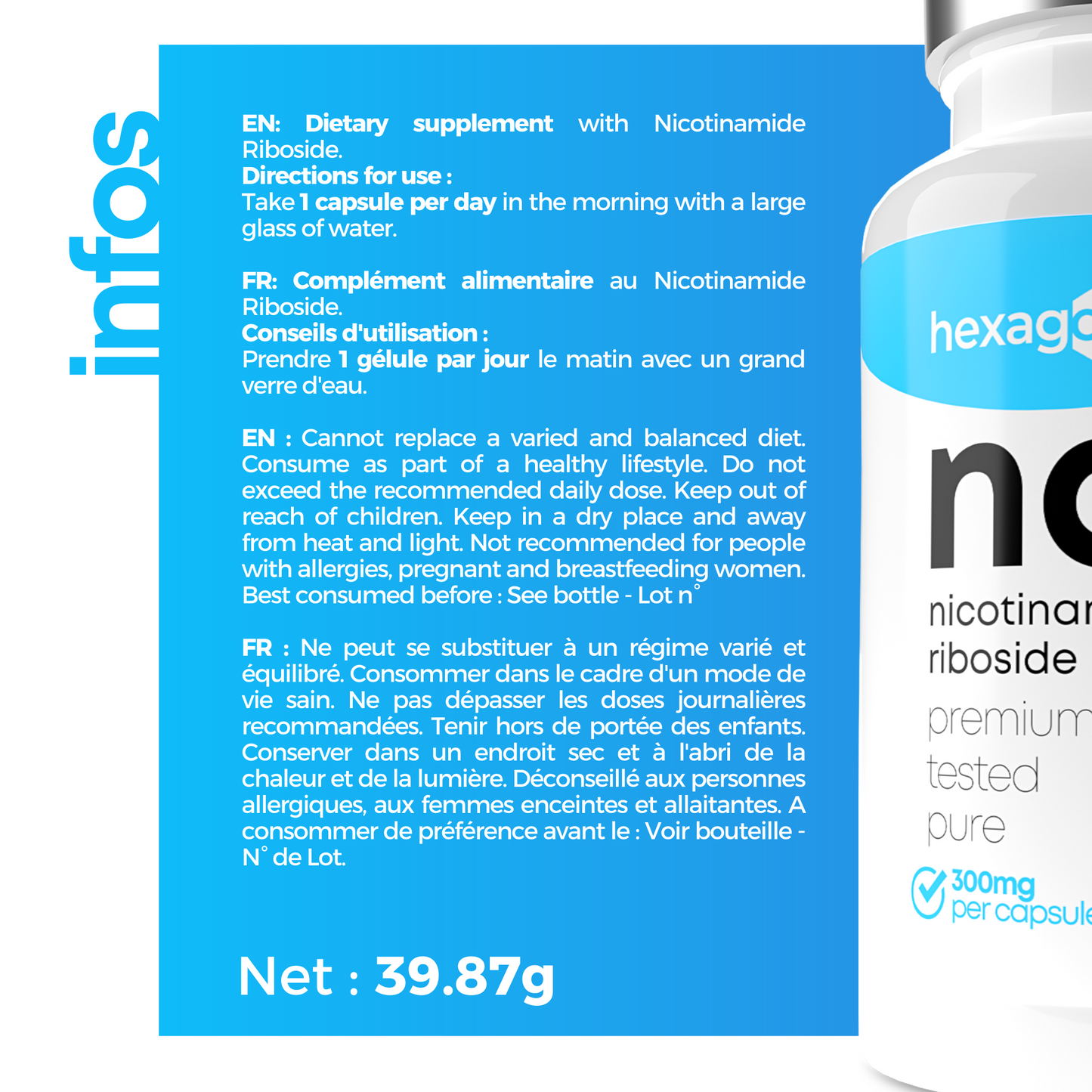 NAD+ Nicotinamide Riboside Chloride 300mg - Boost Cellulaire - 180 Gélules