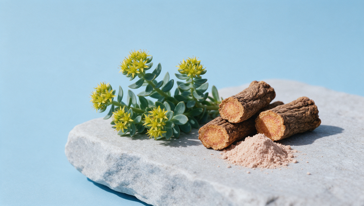 Rhodiola rosea en fleurs jaunes, morceaux de racine séchée et poudre de racine sur une pierre claire