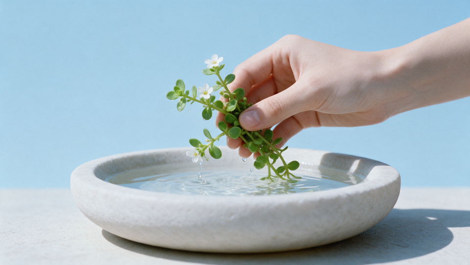 Main soulevant un brin de bacopa aux petites feuilles rondes et aux fleurs blanches au-dessus d'une vasque d'eau