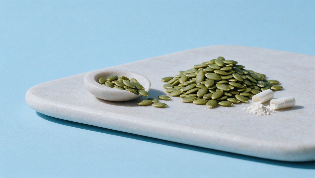 Graines de courge décortiquées et deux gélules ouvertes laissant échapper une poudre blanche, sur une pierre claire
