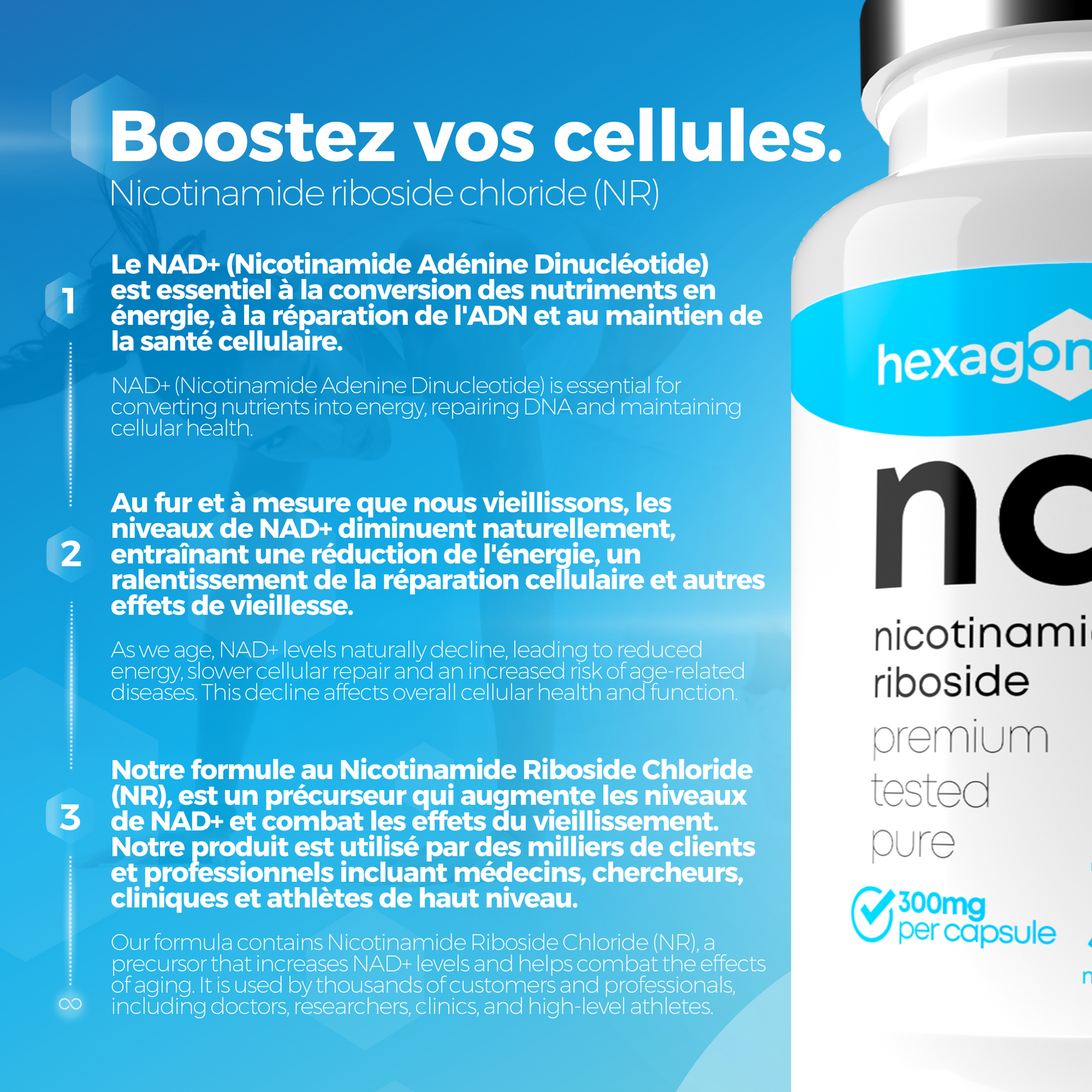 NAD+ Nicotinamide Riboside Chloride 300mg - Boost Cellulaire - 30 Gélules