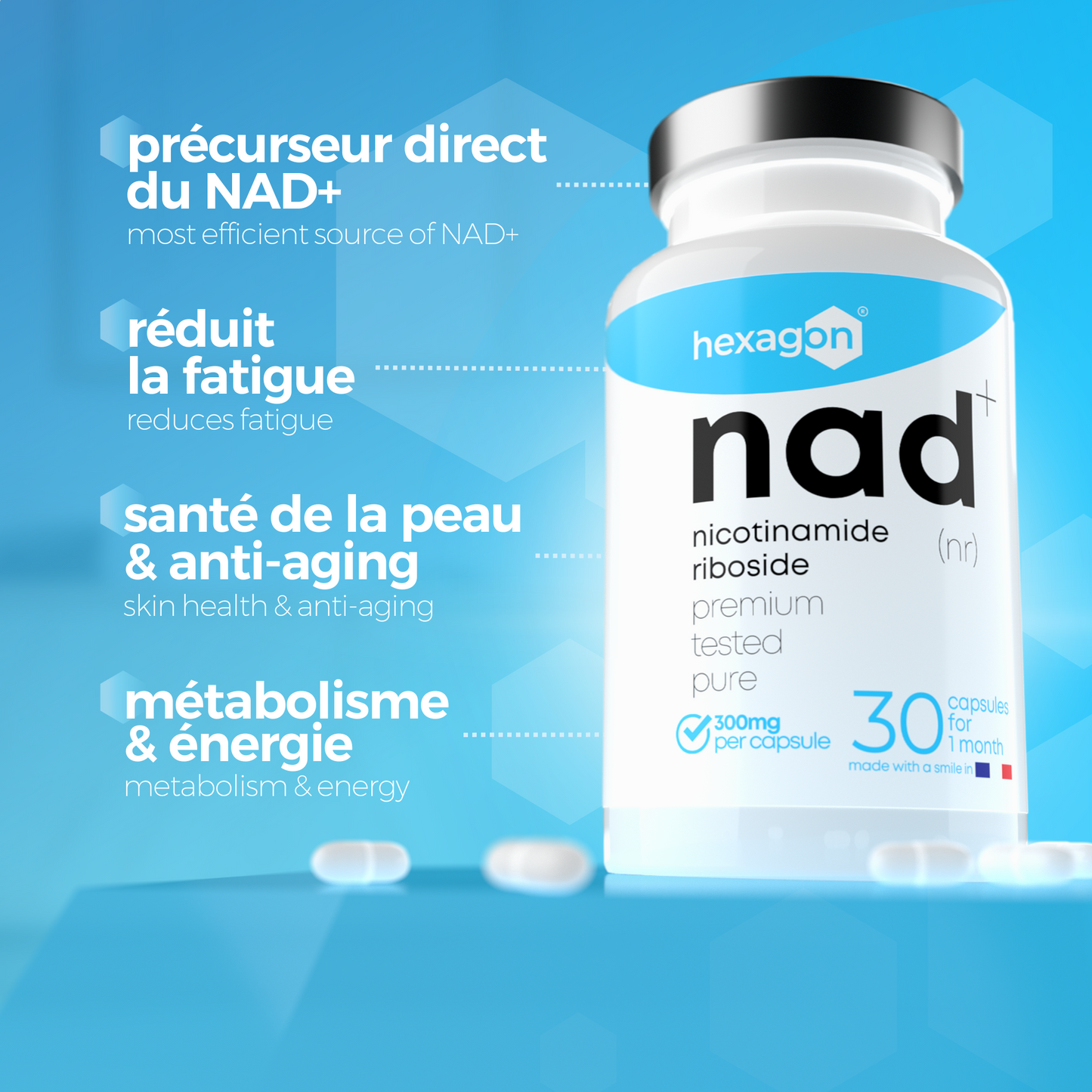 NAD+ Nicotinamide Riboside Chloride 300mg - Boost Cellulaire - 30 Gélules
