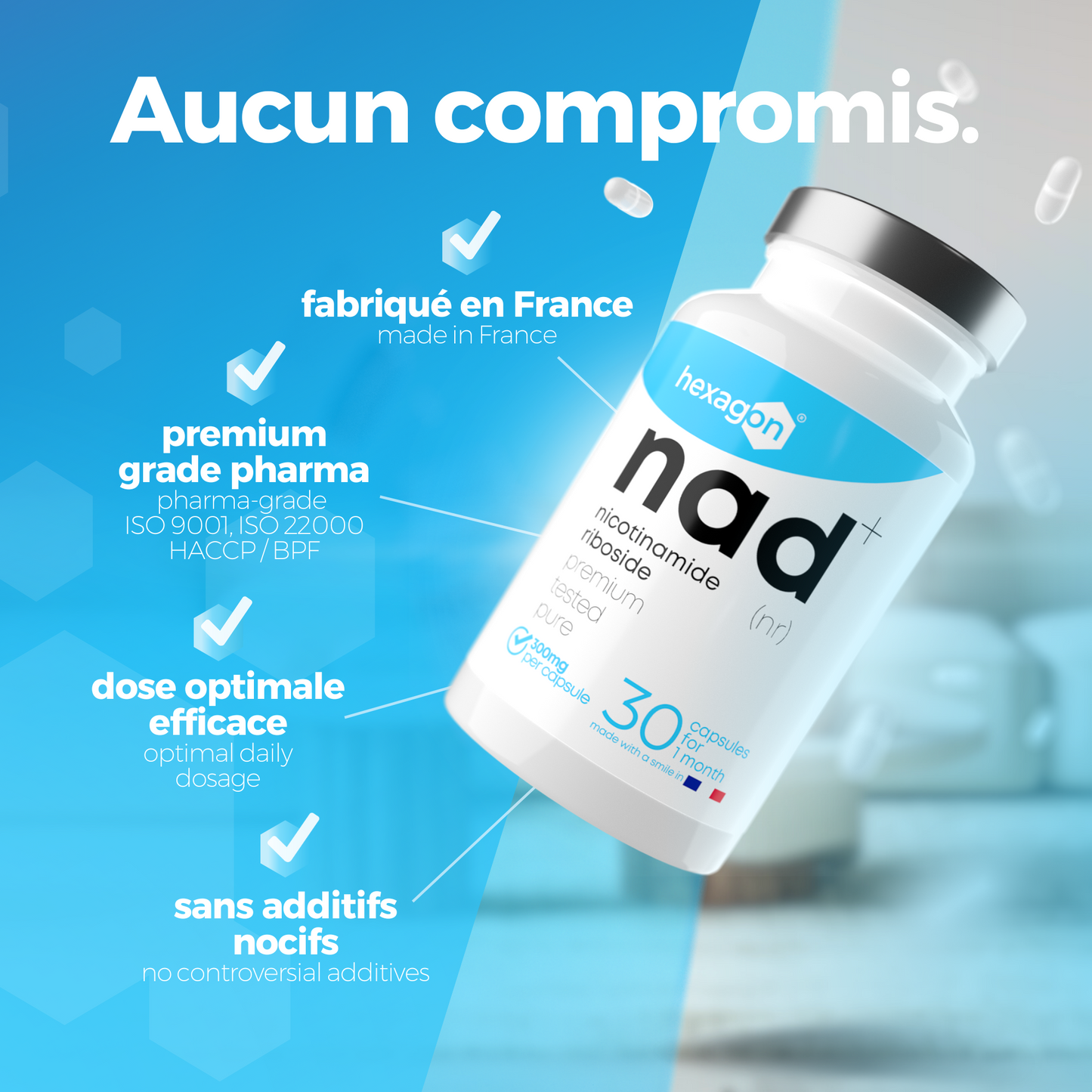 NAD+ Nicotinamide Riboside Chloride 300mg - Boost Cellulaire - 30 Gélules