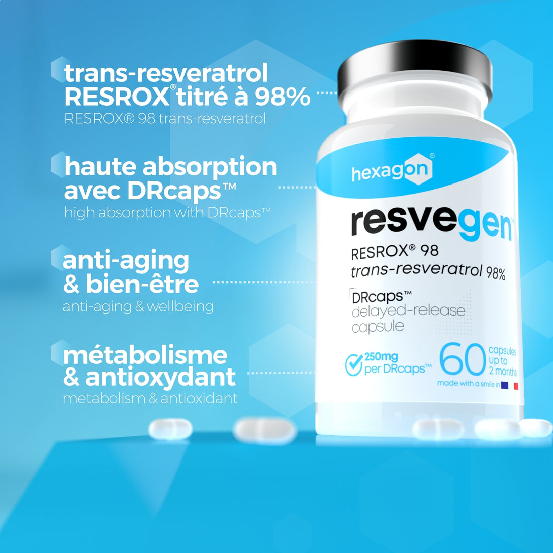 Resvegen™ - Trans-Resveratrol 98% etiquetado RESROX® - 60 Cápsulas