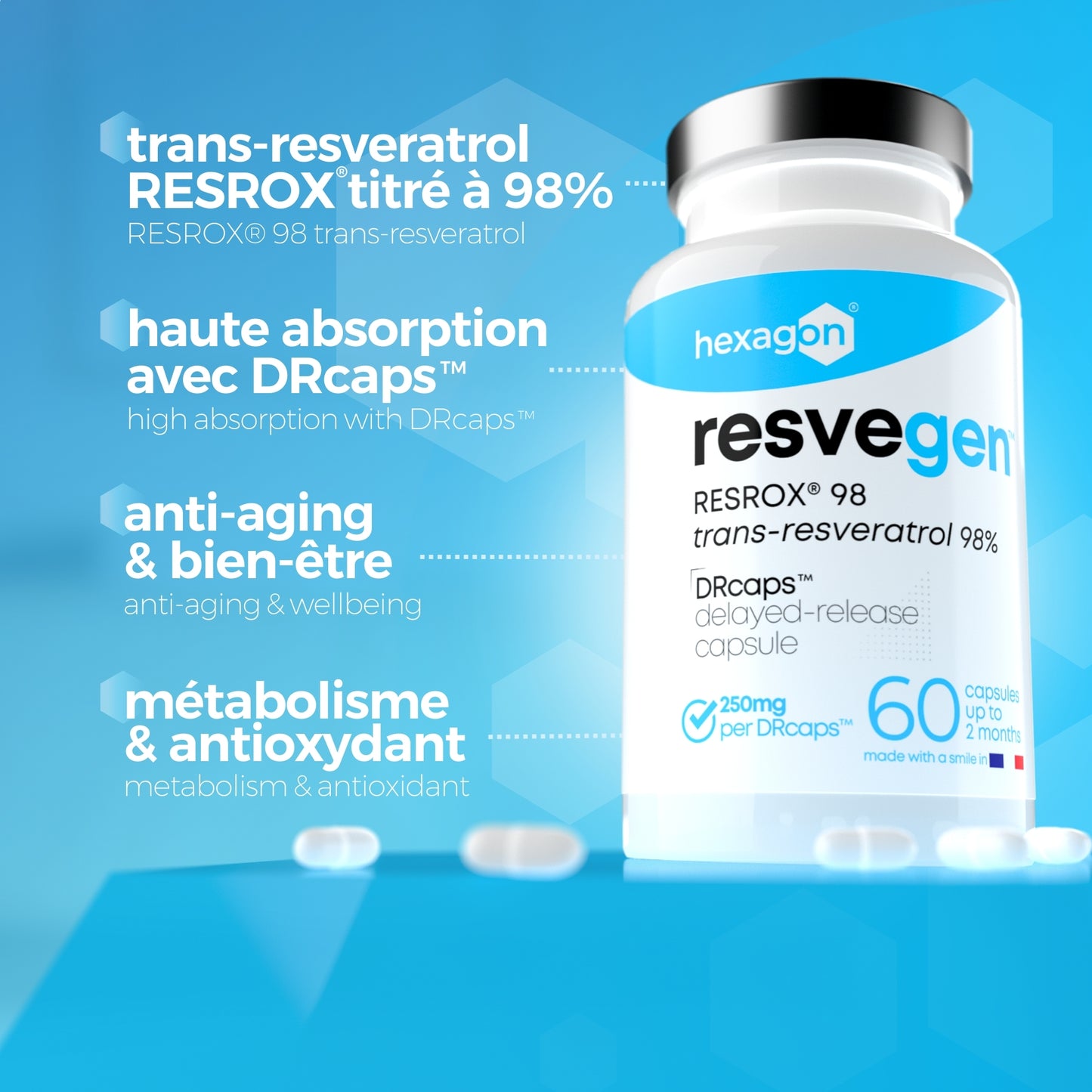 Resvegen™ - Trans-Resveratrol 98% labellisé RESROX® - 60 Gélules