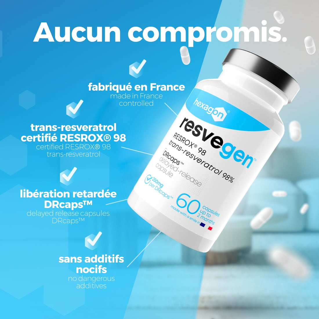 Resvegen™ - Trans-Resveratrol 98% etiquetado RESROX® - 60 Cápsulas