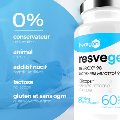 Resvegen™ - Trans-Resveratrol 98% labellisé RESROX® - 60 Gélules