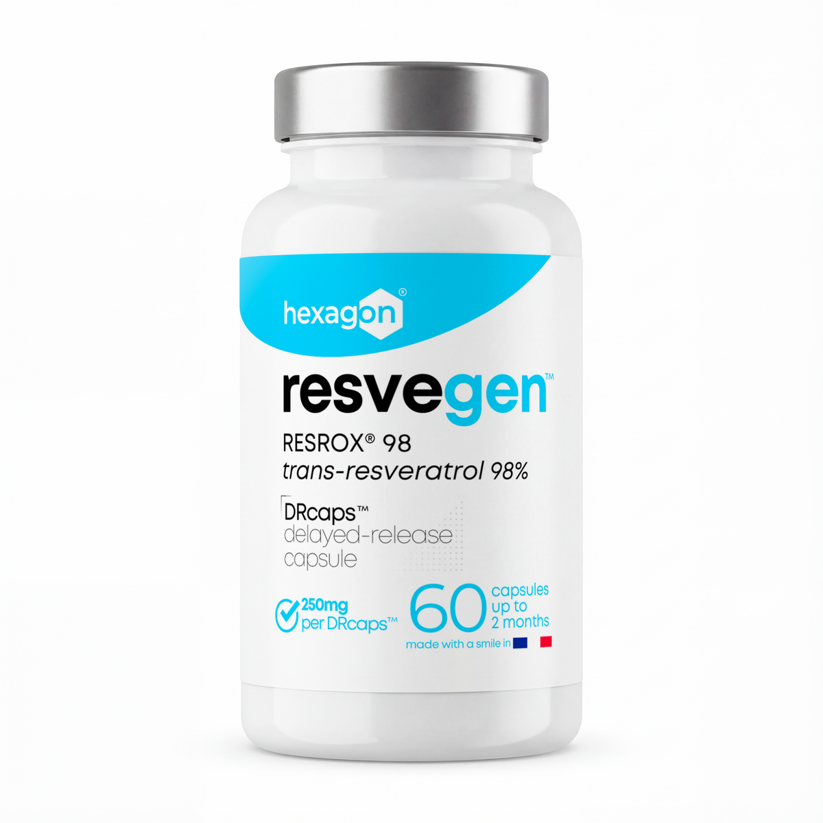 Resvegen™ - Trans-Resveratrol 98% labellisé RESROX® - 60 Gélules