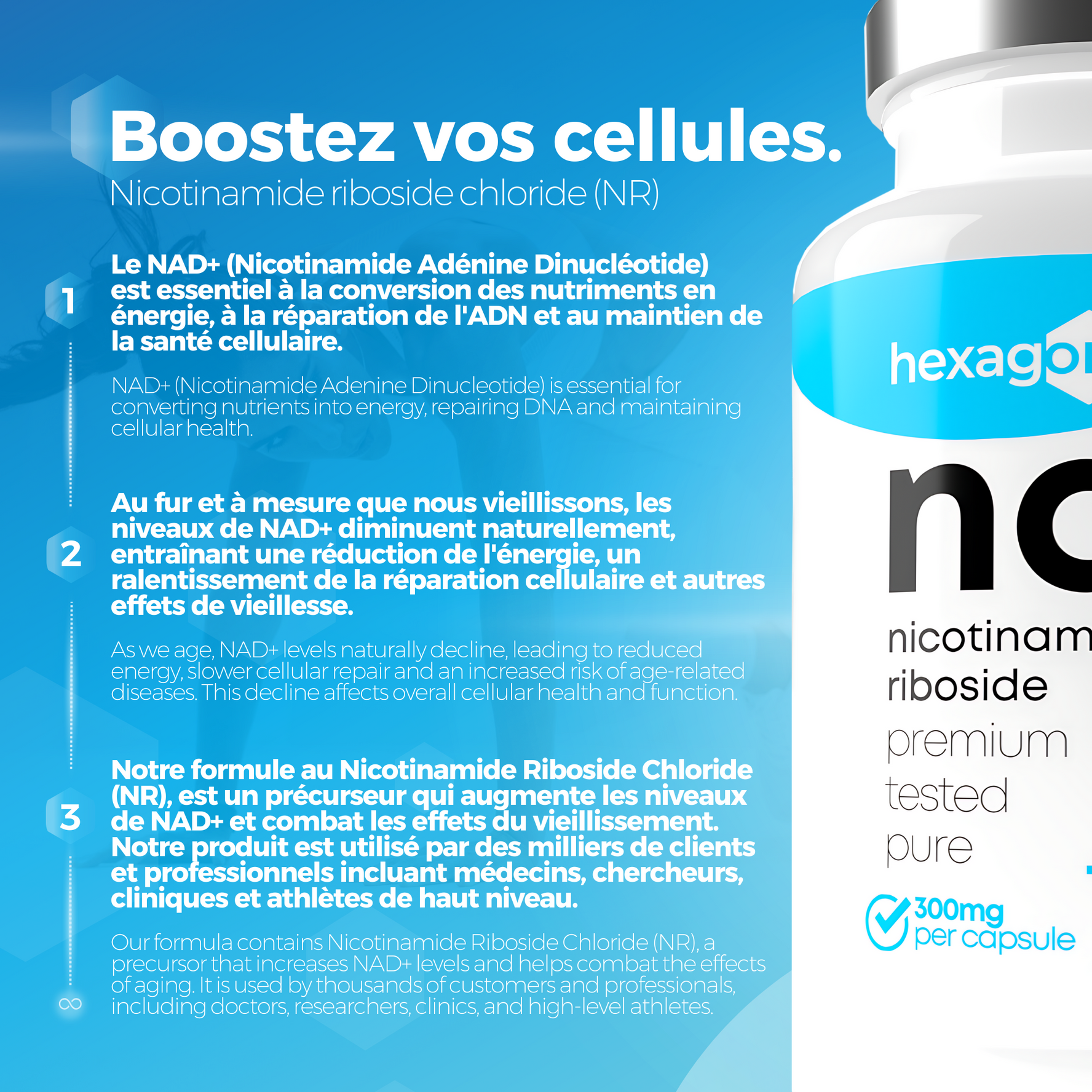 NAD+ Nicotinamide Riboside Chloride 300mg - Boost Cellulaire - 180 Gélules