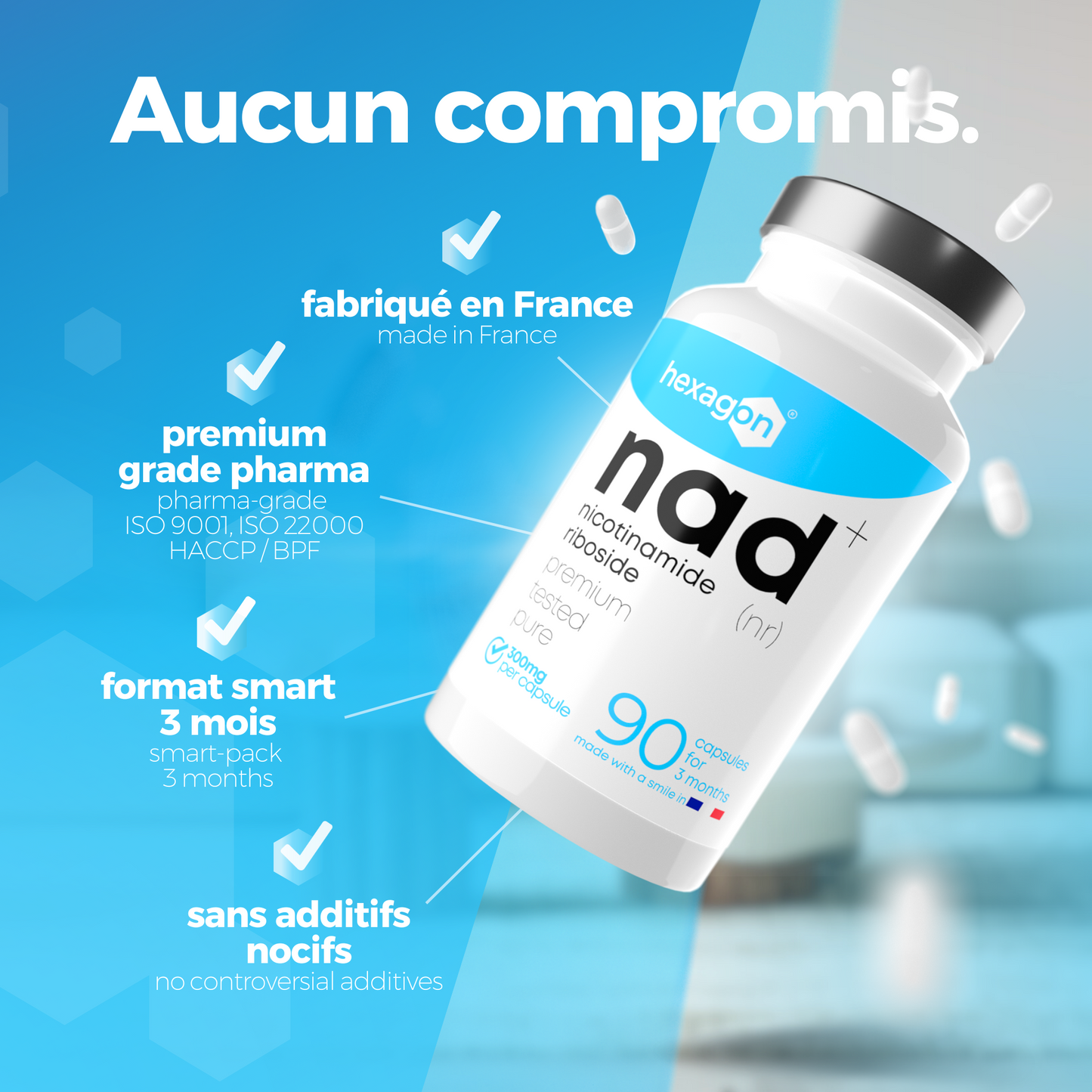 NAD+ Nicotinamide Riboside Chloride 300mg - Boost Cellulaire - 90 Gélules