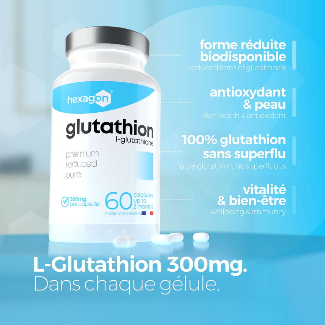 Glutathion 300mg - L-Glutathion Réduit - 60 Gélules