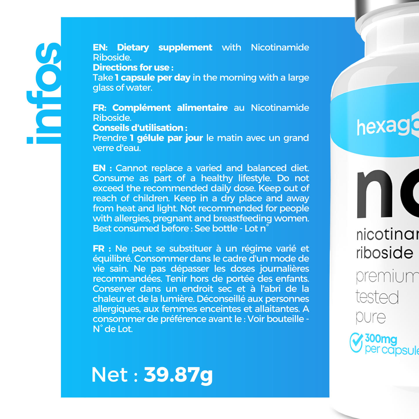 NAD+ Nicotinamide Riboside Chloride 300mg - Boost Cellulaire - 90 Gélules