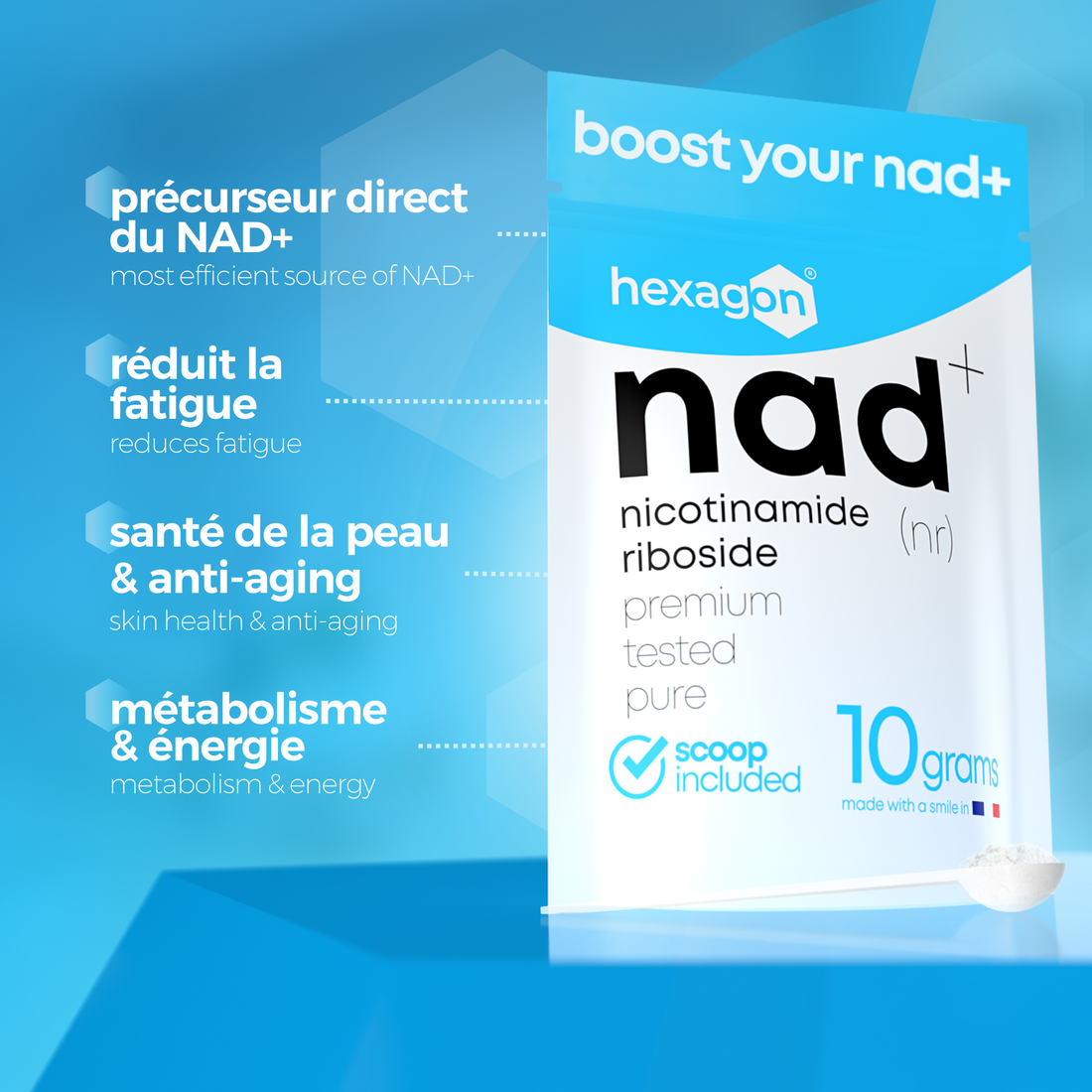 NAD+ Nicotinamide Riboside Chloride - Pure Poudre - Boost Cellulaire - 10g