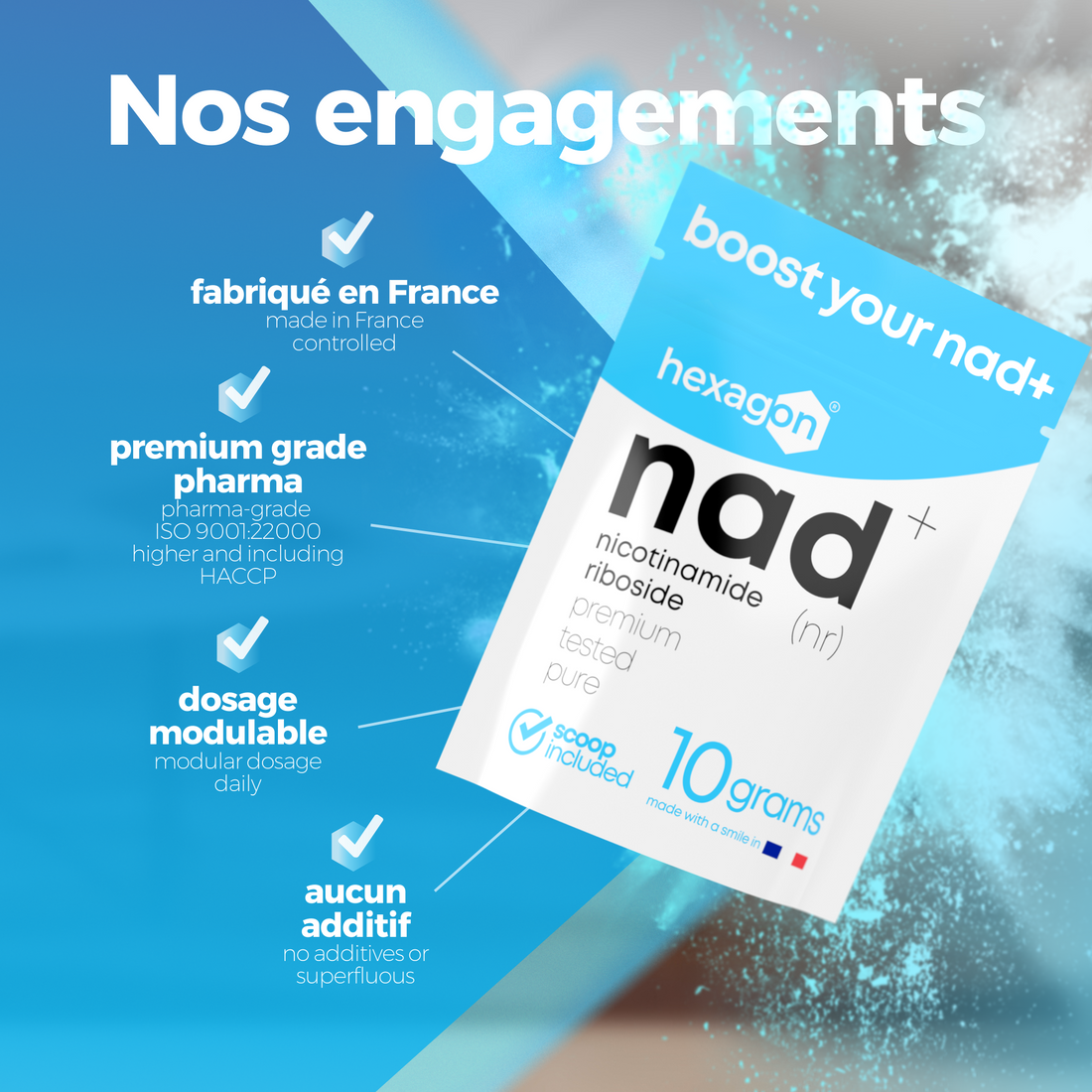 NAD+ Nicotinamide Riboside Chloride - Pure Poudre - Boost Cellulaire - 10g