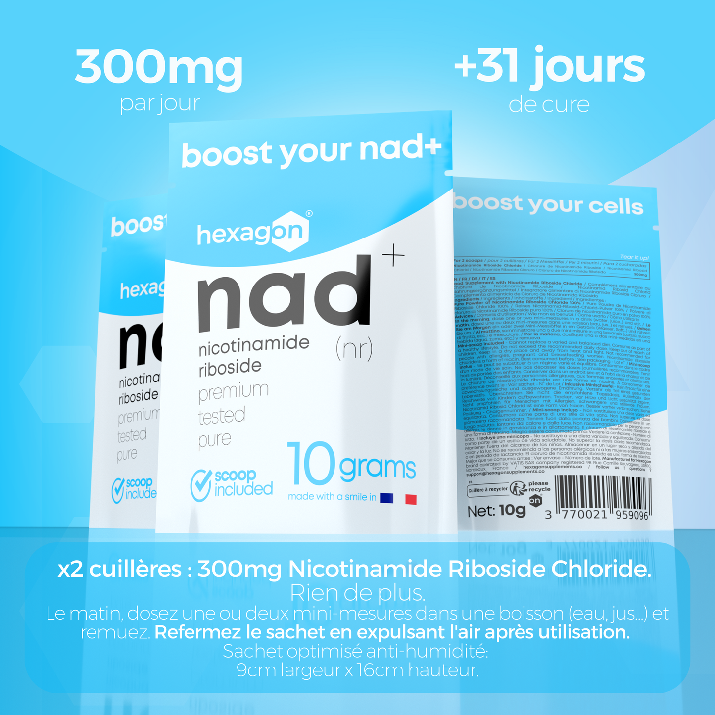 NAD+ Nicotinamide Riboside Chloride - Pure Poudre - Boost Cellulaire - 10g