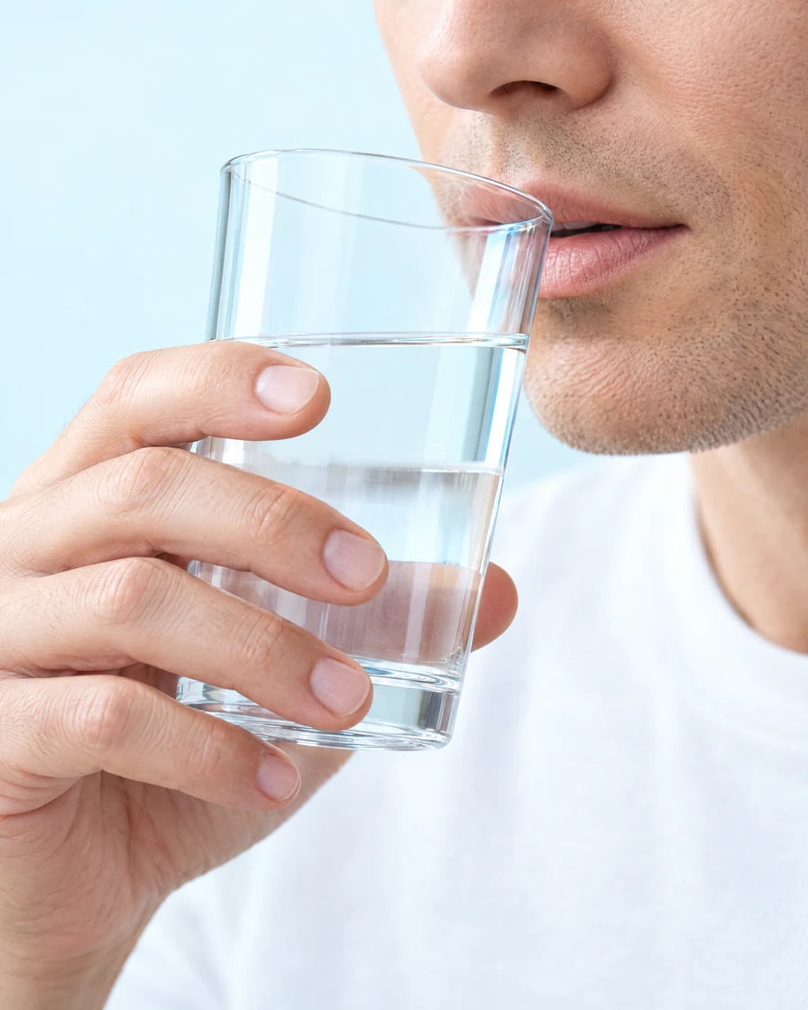 Très gros plan d’un geste quotidien avec un verre d’eau